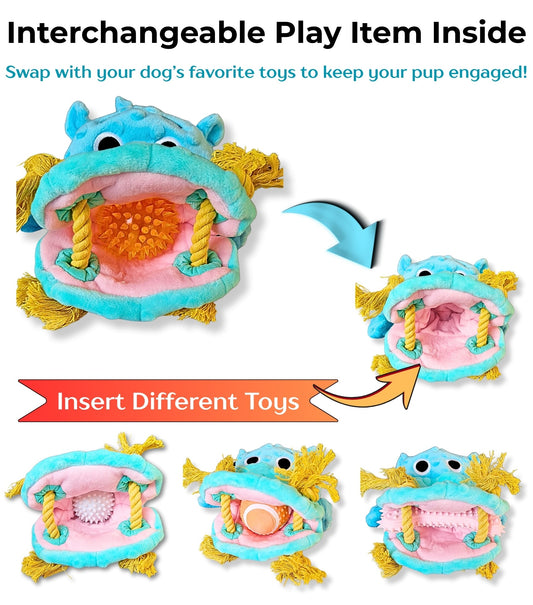 🦛 Nibbles – The Tug, Chew & Fetch Buddy with a Surprise Ball-like toy Inside