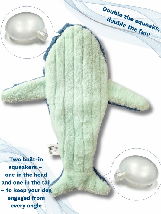 Dog toy shaped like a whale with two built-in squeakers on a white background
