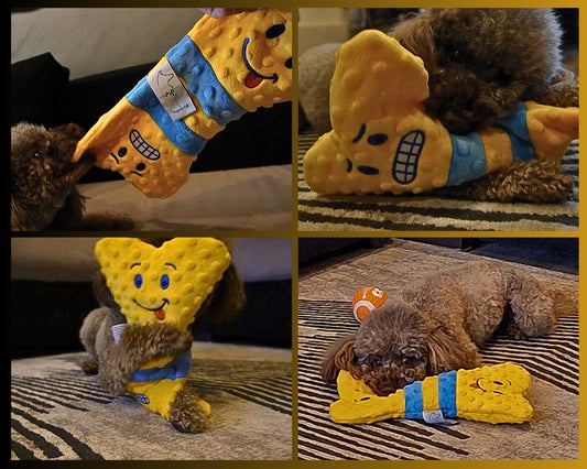 Collage of a dog playing with a yellow plush toy resembling a smiling face with a blue shirt.
