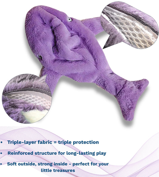 Purple whale plush toy with close-up details of mesh used on a white background