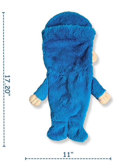 Blue plush toy with dimensions indicated on a white background