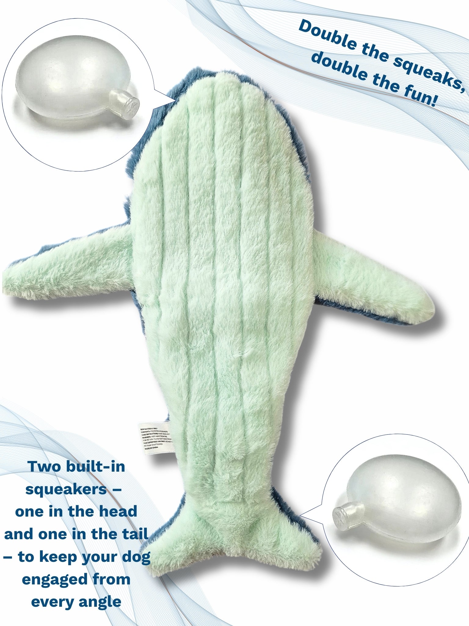 Dog toy shaped like a whale with two built-in squeakers on a white background