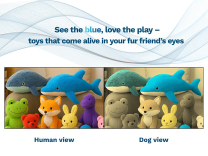 Stuffed animals from a human and dog's perspective with text about toys coming alive in pets' eyes.