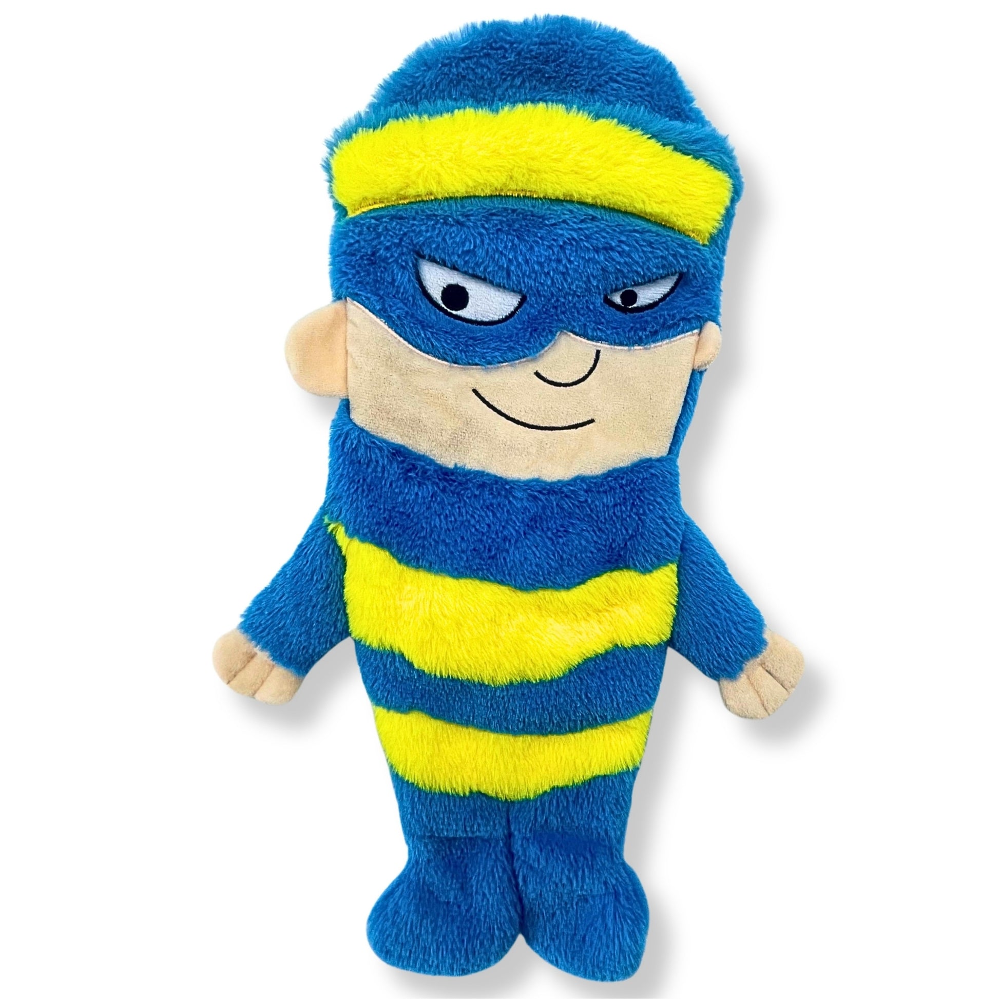 Blue and yellow plush toy with a mask on a white background