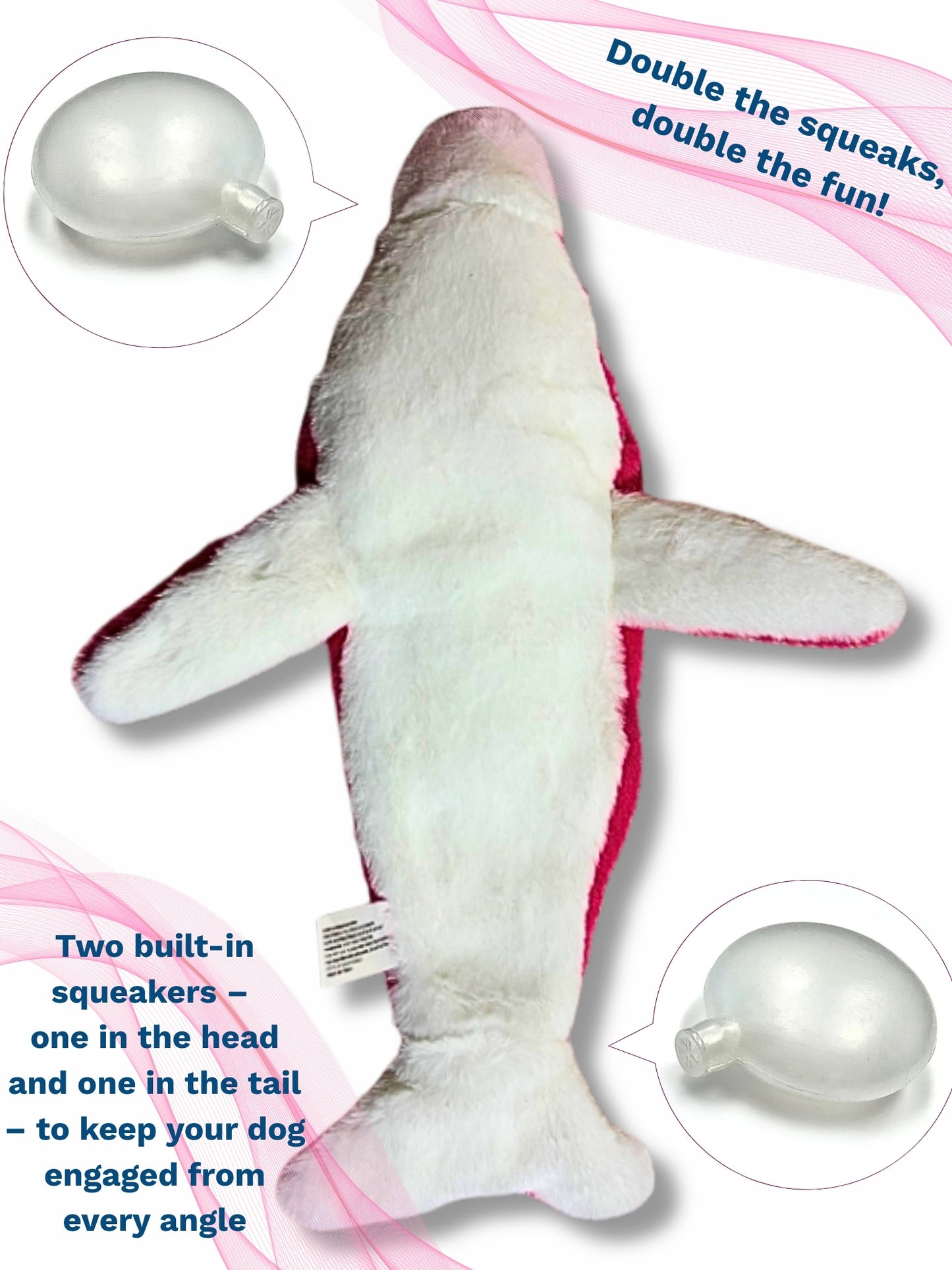 Plush dog toy with two built-in squeakers on a white background