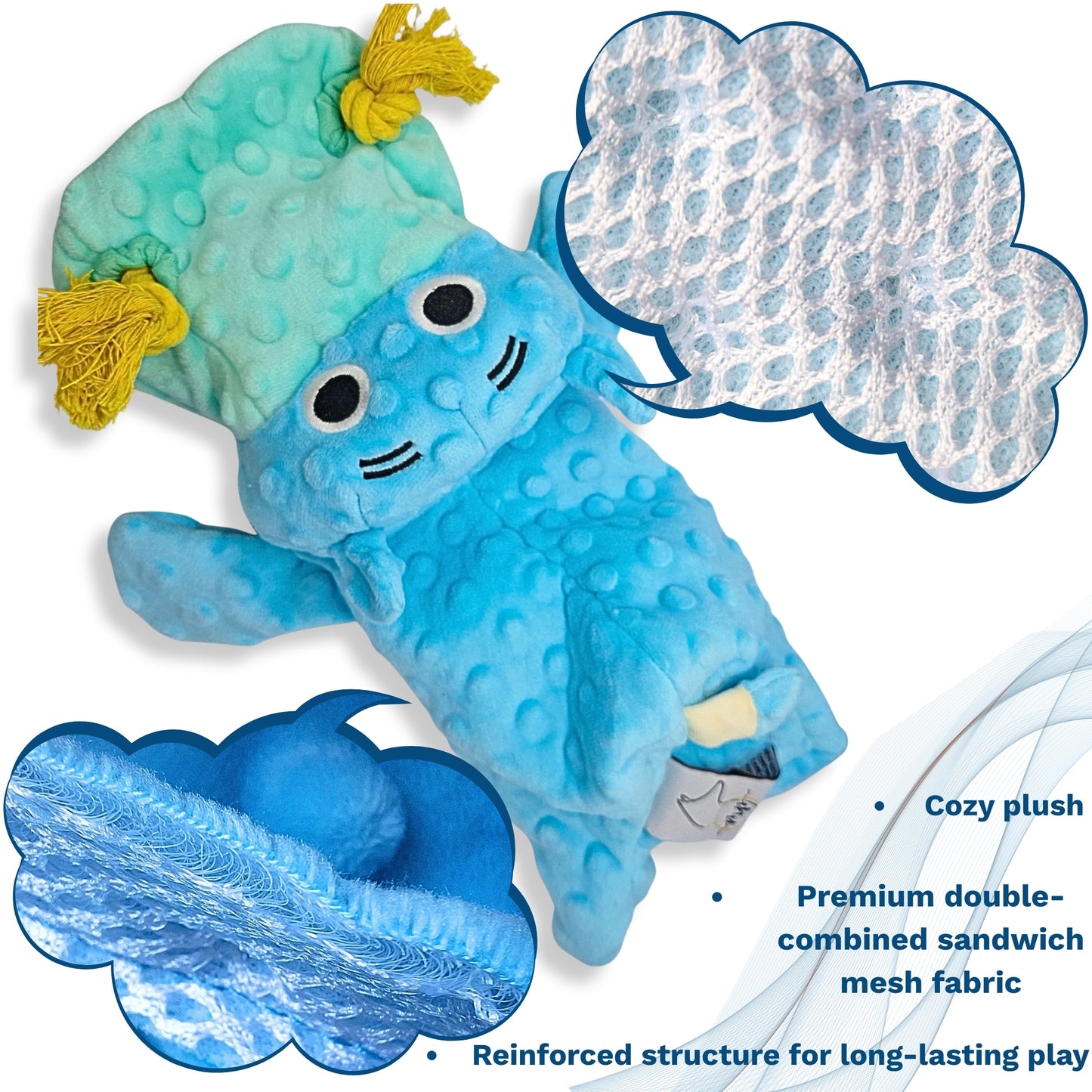 Blue hippo plush dog toy with cloud designs on a white background 