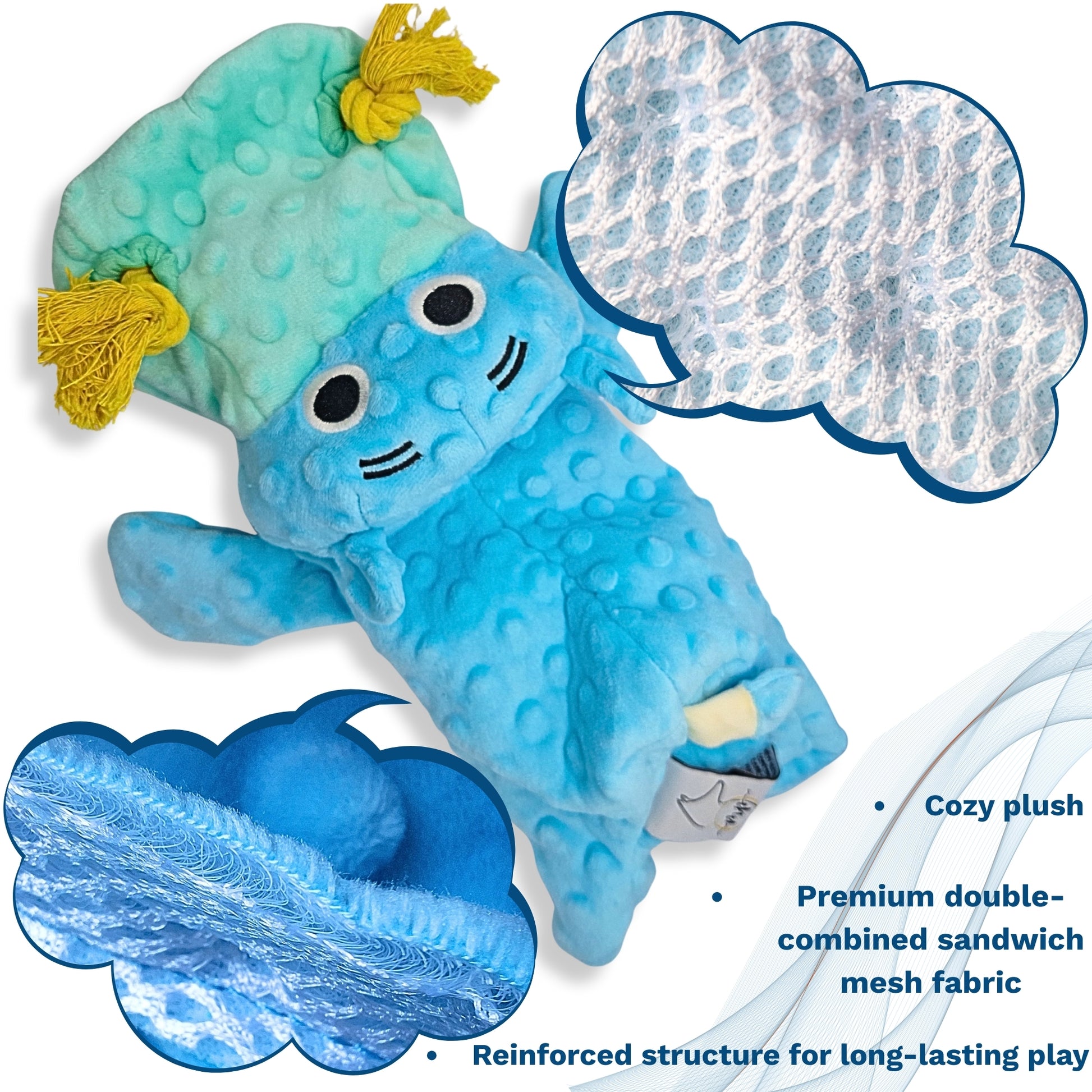 Blue hippo plush dog toy with cloud designs on a white background 