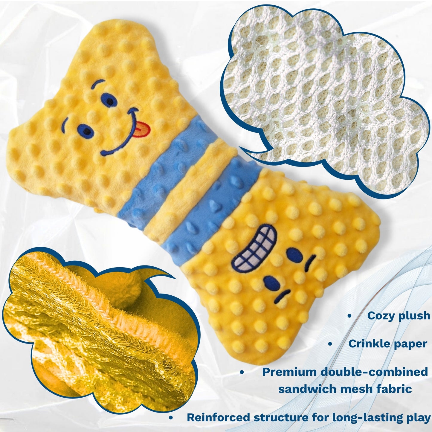 Dog Toy with smiley face design, showing texture details and fabric composition on a white background.